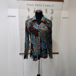 Dino Brown & Teal Floral Paisley Plissé Pleated Button Down Shirt - Size Large